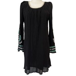 Umgee Woman’s Black Dress Embroidered Boho Bell Sleeve Short, Sz L